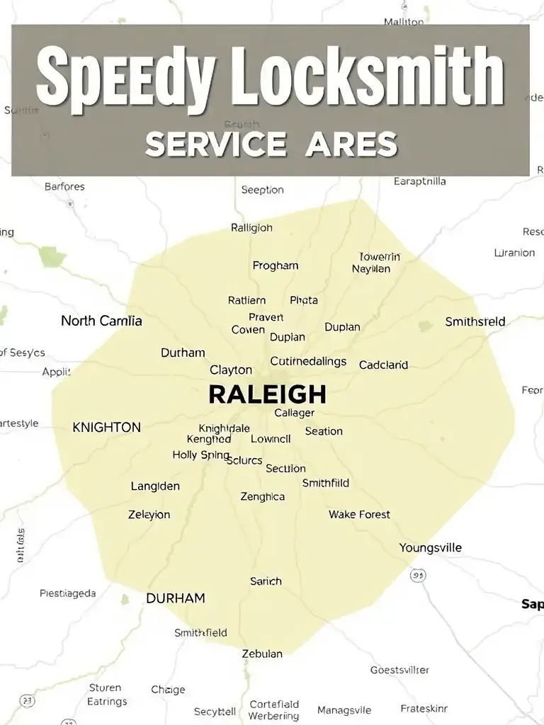 A detailed map of Raleigh, North Carolina and surrounding areas, clearly highlighting the service area of Speedy Locksmith, including Raleigh, Durham, Clayton, Knightdale, Chapel Hill, Holly Springs, Zebulon, Smithfield, Wake Forest, and Youngsville. The map should have a professional and clean design, suitable for a business website.