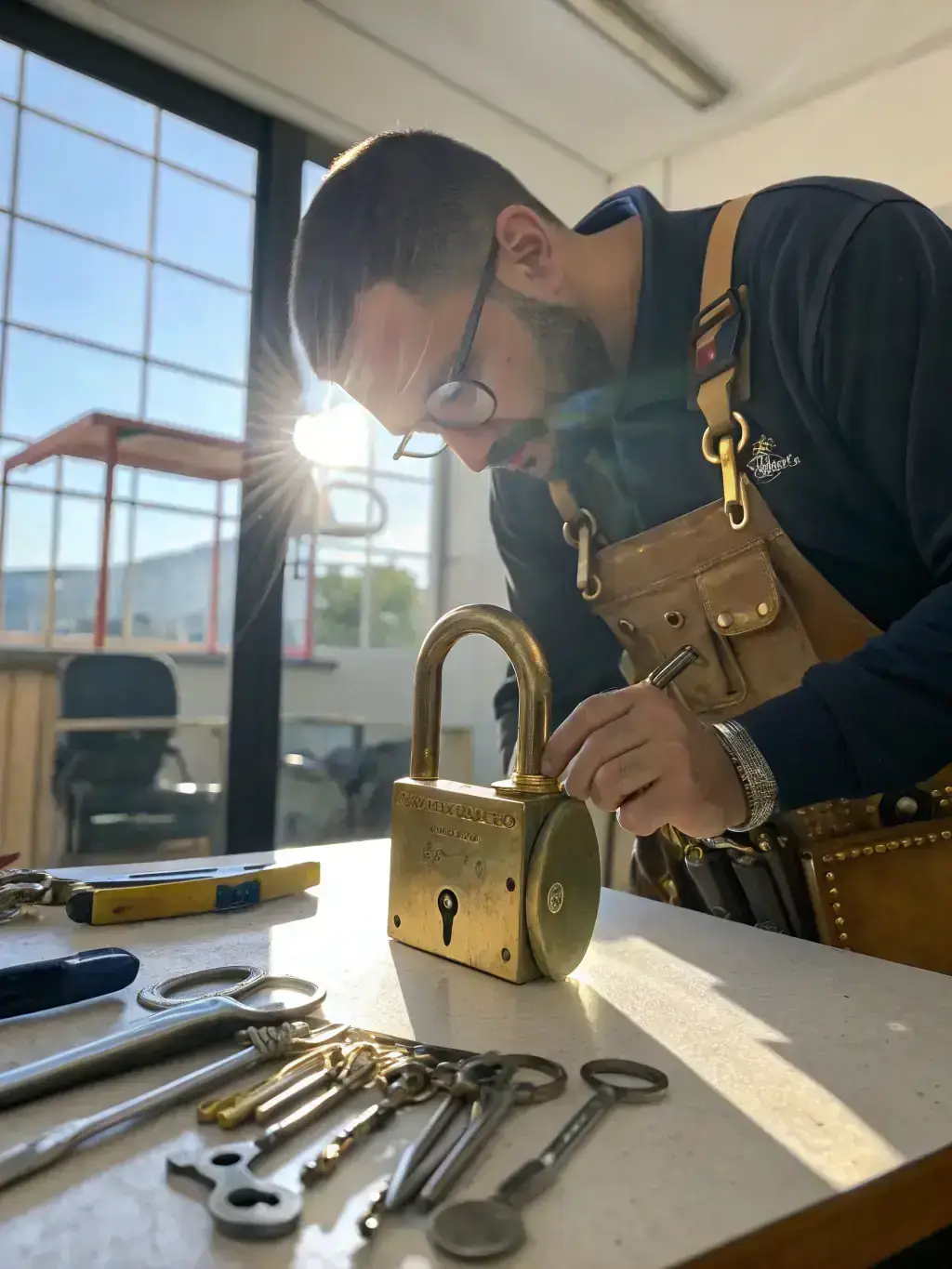 A close-up shot of a Speedy Locksmith technician rekeying a lock in Knightdale, NC. The focus should be on the precision and skill of the technician. The background should be a blurred image of a residential door.